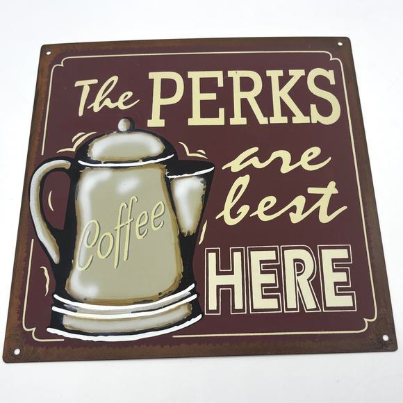 Vtg 2pk Coffee Perks Tin Wall Mount Signage Restaurant Cafe Barista Latte Java - Picture 2 of 8